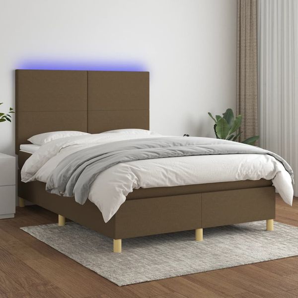vidaXL Posteľ boxsping s matracom a LED tmavohnedá 140x200 cm látka