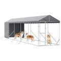 vidaXL Vonkajší koterec pre psov so strechou striebor. 2x10x2,5m oceľ