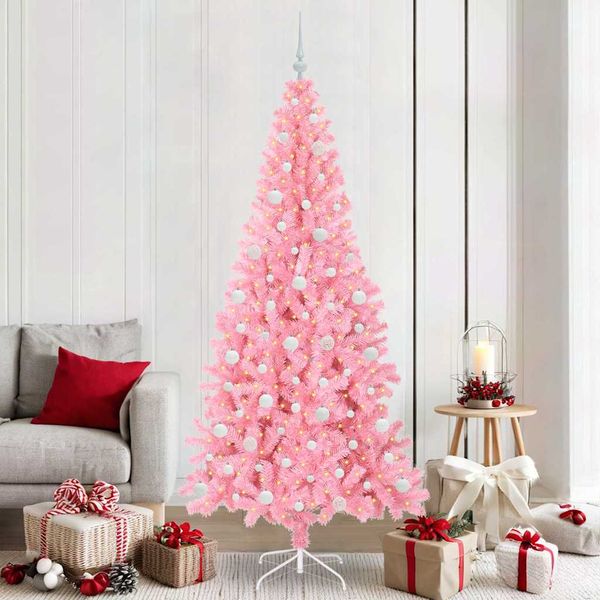 vidaXL Vianočný stromček s 300 LED-i so stojanom Ružová 210 cm PVC