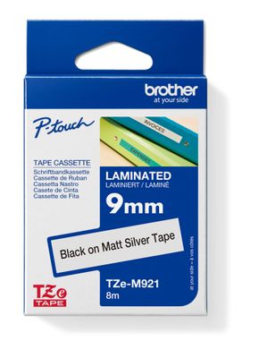 TZE-M921 - čierna tlač/matne strieborný podklad, 9mm