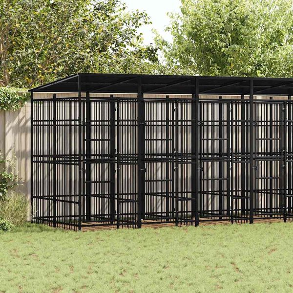 vidaXL Vonkajší koterec pre psov so strechou oceľ 12,9 m²