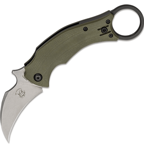 FOX knives FX-591 ODSW BLACK BIRD vreckový nôž - karambit 6,5 cm, Stonewash, zelená, G10