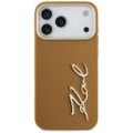Puzdro Karl Lagerfeld z PU kože s logom Karl script a kovovými tlačidlami fotoaparátu pre iPhone 17 Pro Max hnedá