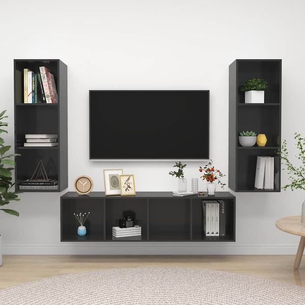 vidaXL 3-dielna súprava TV skriniek, lesklá sivá, kompozitné drevo
