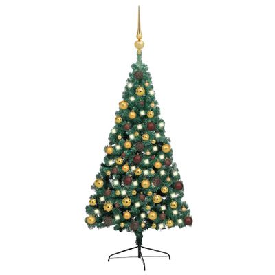 vidaXL Osvetlený umelý polovičný vianočný stromček+gule, zelený 180 cm