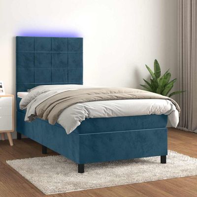 vidaXL Posteľný rám boxsping matrac a LED tmavomodrý 90x200 cm zamat