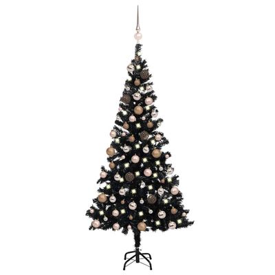 vidaXL Osvetlený umelý vianočný stromček s guľami, čierny 180 cm, PVC