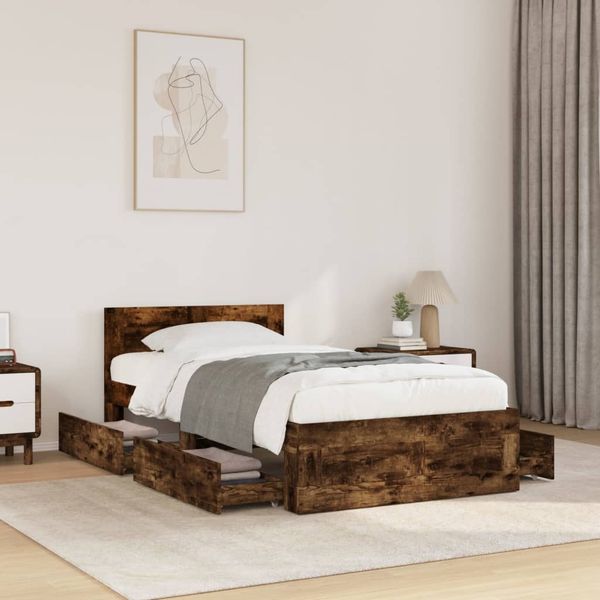 vidaXL Posteľný rám s čelom dymový dub 90x190 cm kompozitné drevo