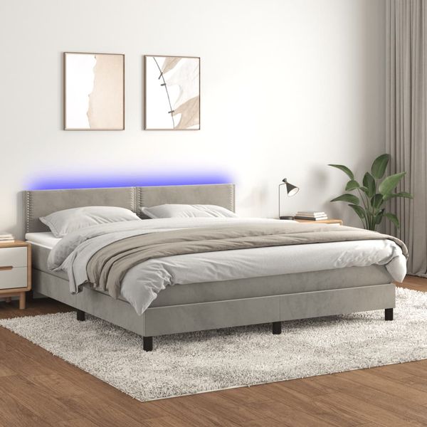 vidaXL Posteľ boxsping s matracom a LED bledosivá 180x200 cm zamat