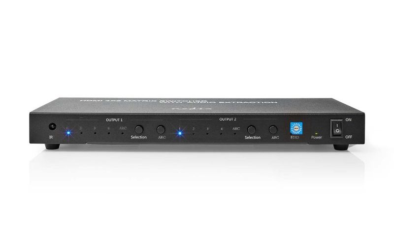 NEDIS HDMI přepínač/ 4x HDMI vstup/ 2x 3.5 mm/ 2x HDMI výstup/ 2x TosLink/ 4K@60Hz/ 18 Gbps/ dálkově ovládaní/ kov/antr Matrix switch, 4× HDMI™ vstup, 2× HDMI™ výstup, 2× TosLink, 2× 3,5 mm jack, 4K@60Hz, 18 Gbps, audio extraktor, dálkový ovladac