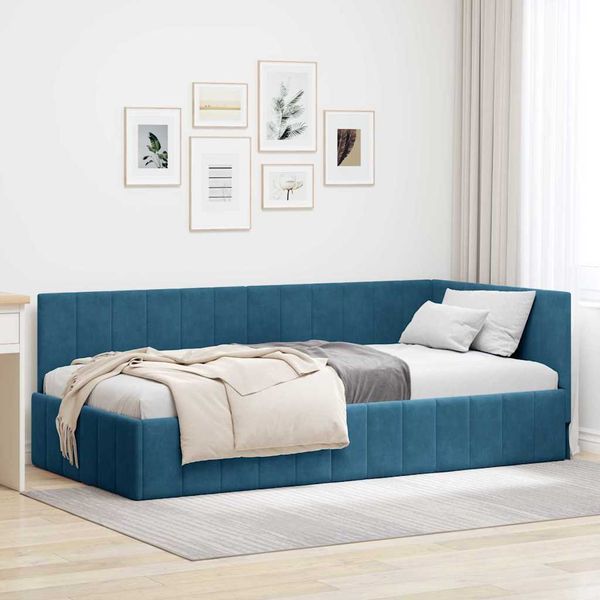 vidaXL Rohový rám postele s čelnou doskou Modrá 90 cm x 190 cm Zamat