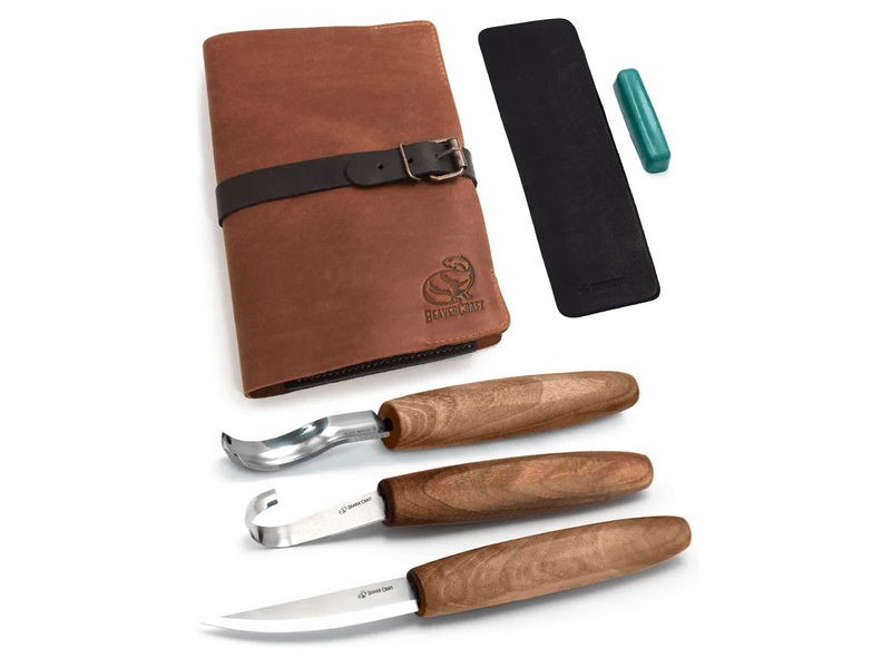 S14X Beavercraft Spoon Carving Set with Gouge (SK5RX + K8a/14 + C1X + honing acc) in Genuine Leat