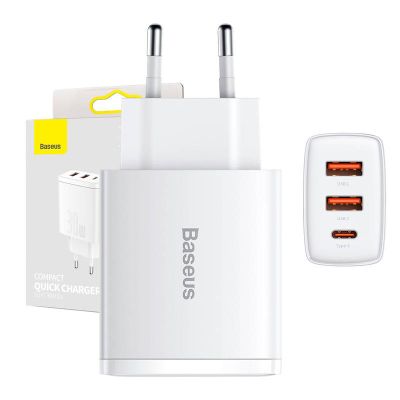 Sieťová nabíjačka Baseus Compact Quick Charger, 2xUSB, USB-C, PD, 3A, 30W (biela)