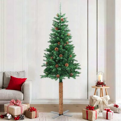 vidaXL Úzky vianočný stromček, pravé drevo a šišky, zelený 210 cm, PVC