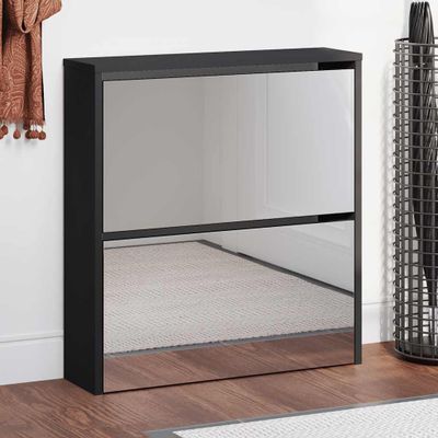 vidaXL Botník so zrkadlom 2-poschodový čierny 63 x 17 x 67 cm