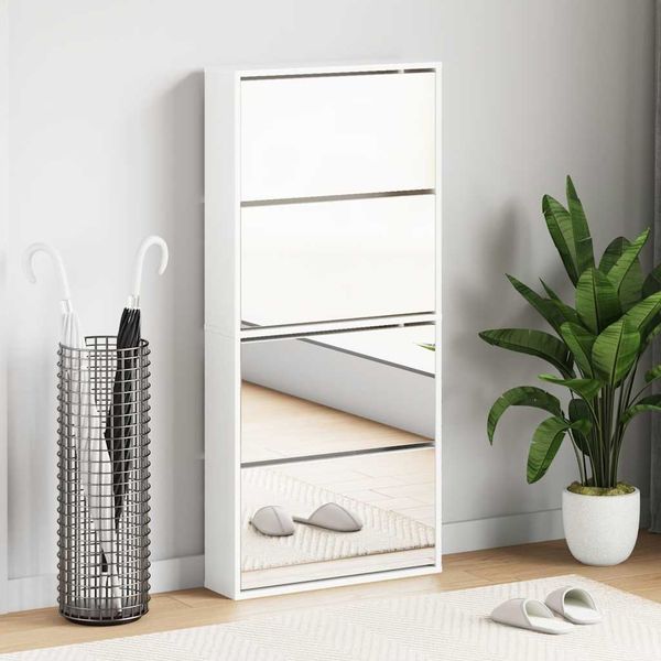 vidaXL Botník so zrkadlom 4-poschodový vysoký lesk biely 63x17x134 cm