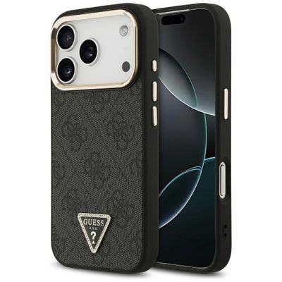 Puzdro Guess Case Magsafe 4G PU Leather s trojuholníkovým logom a zlatým kovovým rámom fotoaparátu pre iPhone 17 Pro čierna