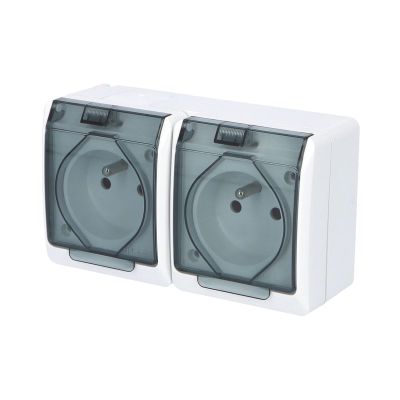 GALATEA IP44 Zásuvka 2x 2P+PE, dvojnásobná vodorovná (biela / průhledné víčko)
