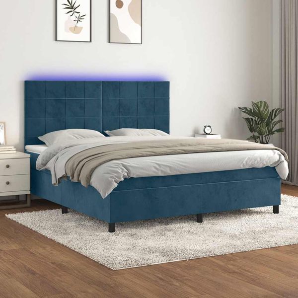 vidaXL Posteľný rám boxsping matrac a LED tmavomodrý 180x200 cm zamat
