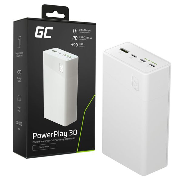 PBGC30W Green Cell PowerPlay 30 – biela powerbanka s kapacitou 30 000 mAh, 22,5W, 4 porty