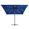 vidaXL Závesný záhradný slnečník+LED, oceľová tyč 250x250 cm, azúrový