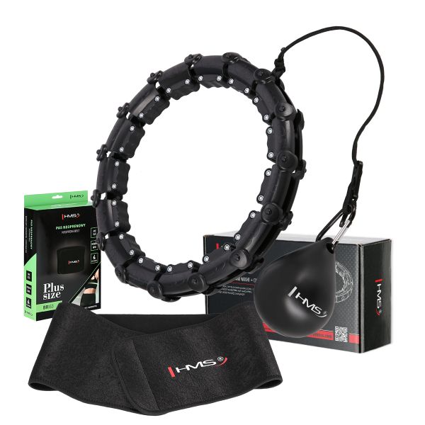Sada čiernej masážnej Hula Hoop so závažím HMS HHW11 a zoštíhľujúceho bedrového pásu HMS BR163 PLUS SIZE