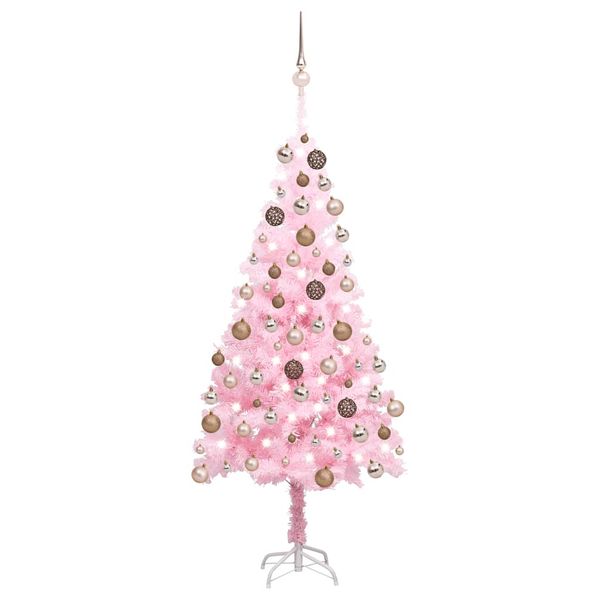 vidaXL Osvetlený umelý vianočný stromček s guľami, ružový 150 cm, PVC