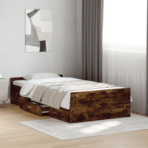 vidaXL Posteľný rám so zásuvkami dymový dub 75x190 cm kompozitné drevo