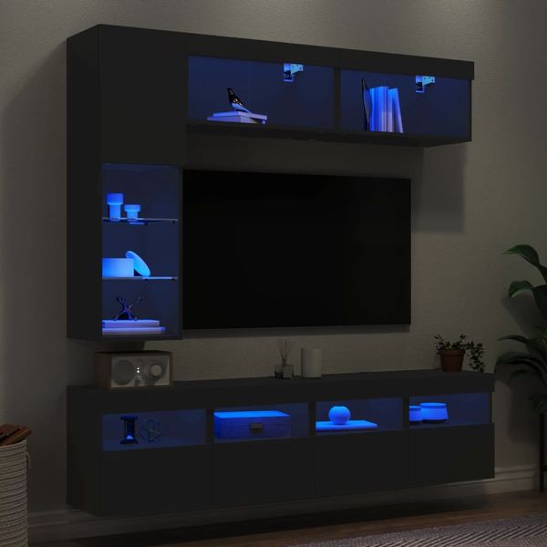 vidaXL 7-dielna súprava TV nástenných skriniek s LED svetlami čierna
