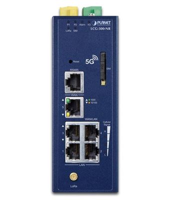 Planet LCG-300-NR IoT LoRaWAN priemyselná brána, 5G/4G, 5x LAN 1Gb, DIN, IP30, -40/+75C, 9-54VDC Priemyselná brána, IoT LoRaWAN, 5× RJ-45, 1× RS-485 (RJ-45), 5G/LTE, alarm, DIN, IP30, -40 až +75°C, DC 9-54V