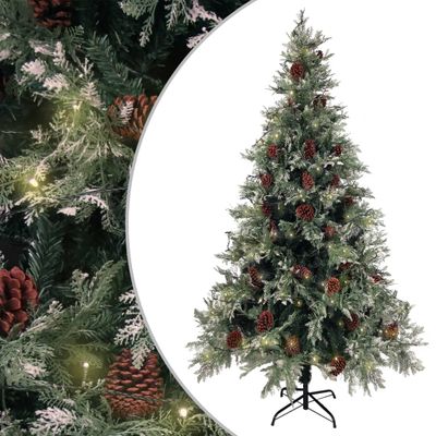 vidaXL Osvetlený vianočný stromček+šišky, zeleno biely 195cm, PVC a PE