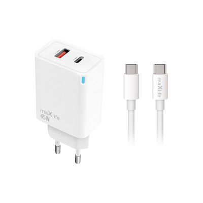 Nabíjačka Maxlife MXTC-09-45AC PD QC 1x USB-C 1x USB 45W biela + kábel USB-C - USB-C 2,0m 60W
