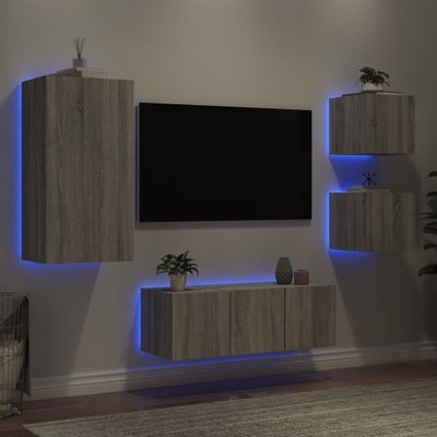 vidaXL 5-dielne TV nástenné skrinky s LED sivé sonoma kompozitné drevo