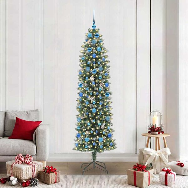 vidaXL Umelý chudý vianočný strom s 300 LED-i Zelená a biela 210 cm
