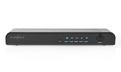 NEDIS HDMI přepínač/ 5x HDMI vstup/ 1x HDMI výstup/ 4K@60Hz/ 18 Gbps/ dálkově ovládané/ kov/ antracit HDMI switch, 5 portu, 4K@60Hz, 18 Gbps, HDCP 2.2, 3D, HDR, dálkové ovládání, kovový, antracitový