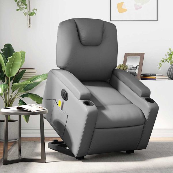 vidaXL Elektrické zdvíhacie masážne sklápacie kreslo sivé umelá koža