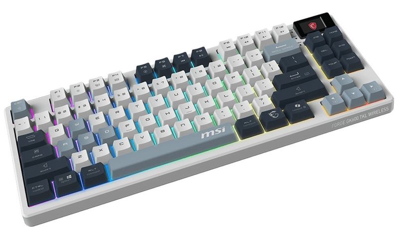 MSI herná klávesnica FORGE GK600 TKL Sky/ bezdrôtová 2,4GHz+BT/ mechanická/ RGB/ USB-C/ display/ CZ+SK layout Klávesnica, herná, mechanická, bezdrôtová (2,4GHz, Bluetooth), RGB podsvietenie, displej, USB-C, CZ/SK layout, bielo-sivá