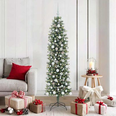 vidaXL Umelý chudý vianočný strom s 300 LED-i Zelená a biela 180 cm
