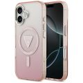 Puzdro Guess Case Magsafe IML Gradient s potlačou trojuholníkového loga a striebornými kovovými tlačidlami fotoaparátu pre iPhone 17 ružové