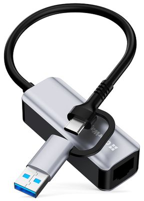 Colorway Adaptér USB-C alebo USB-A na RJ45/ 18cm Adaptér, USB/USB-C (M) na RJ-45 (F), 10/100/1000Mbps, 18cm, sivý
