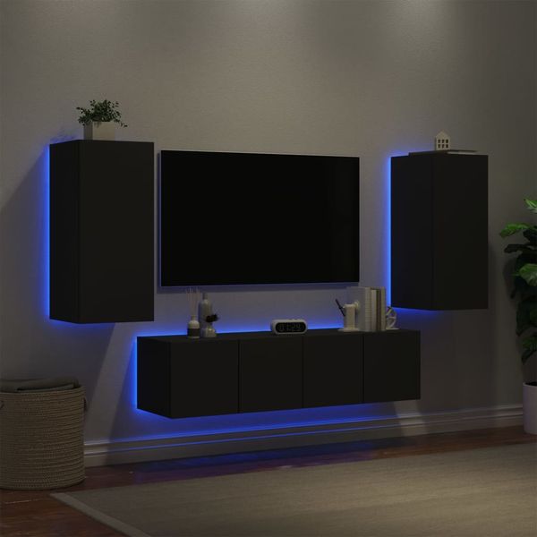 vidaXL 4-dielne TV nástenné skrinky s LED čierne kompozitné drevo