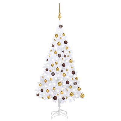 vidaXL Osvetlený umelý vianočný stromček s guľami, biely 120 cm, PVC