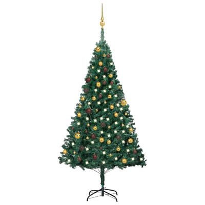 vidaXL Osvetlený umelý vianočný stromček s guľami, zelený 180 cm, PVC