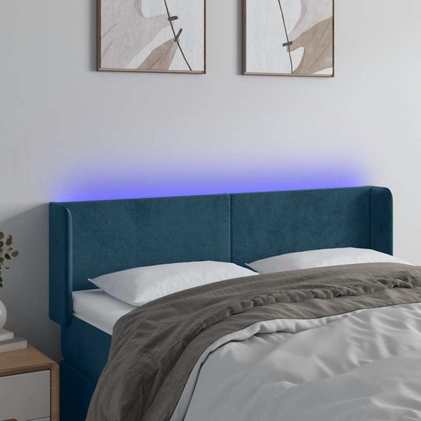 vidaXL Čelo postele s LED tmavomodré 147x16x78/88 cm zamat