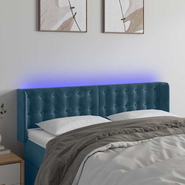 vidaXL Čelo postele s LED tmavomodré 147x16x78/88 cm zamat