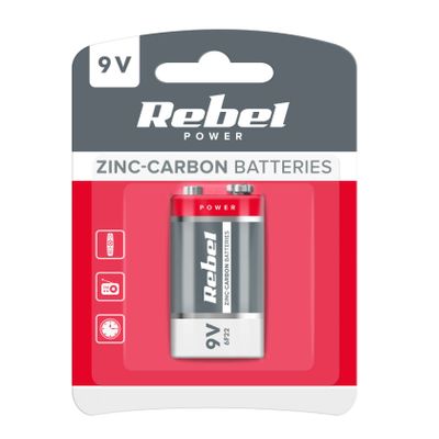 Batéria 6F22 (9V) Zn-Cl REBEL 1ks / blister BAT0082B
