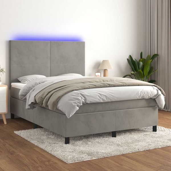 vidaXL Posteľ boxsping s matracom a LED bledosivá 140x190 cm zamat