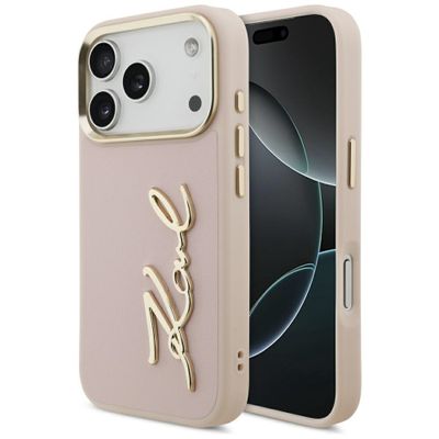 Puzdro Karl Lagerfeld PU koža s logom Karl script a kovovými tlačidlami fotoaparátu pre iPhone 17 Pro ružové