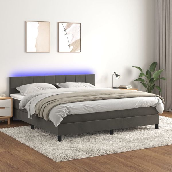 vidaXL Posteľ boxsping s matracom a LED tmavosivá 180x200 cm zamat