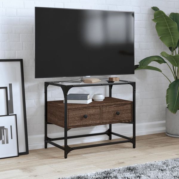 vidaXL TV skrinka sklenená doska hnedý dub 60x35x51 cm kompozit. drevo